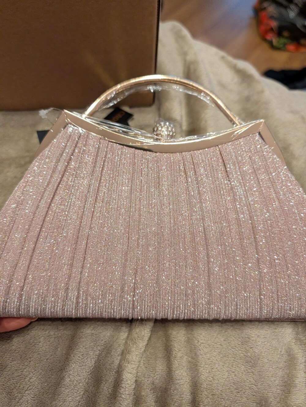 Vegan Sparkle Pleated Clutch Handbag in Blush